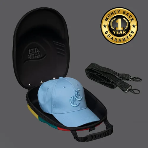 Vista 4 de Funda para gorras de béisbol, estuche duro de viaje, gorras, caja de almacenamiento, correa de hombro, mosquetón, se adapta a 6 sombreros