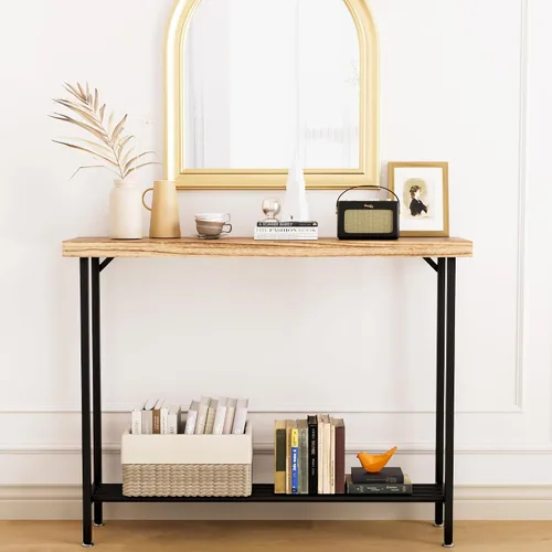 Vista 3 de Acovy Mesa consola industrial de madera maciza, mesa de entrada de 2 niveles con estantes de almacenamiento, mesa de sofá estrecha para sala