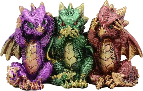 Ebros Gift Conjunto metálico colorido de dragón bebé tres sabios ver oír hablar no mal crías caprichosas Wyrmlings dragones figuras como mito y