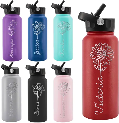 Vista 12 de Personalized Water Bottles, Custom Water Bottle with Birth Month Flower Personalized Text Names, Gifts for Women, Customized Engraved Stainless