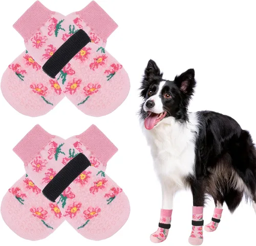 Vista 32 de SCENEREAL Calcetines antideslizantes para perros para evitar lamer patas para suelos de madera dura, zapatos de perro de doble cara botas