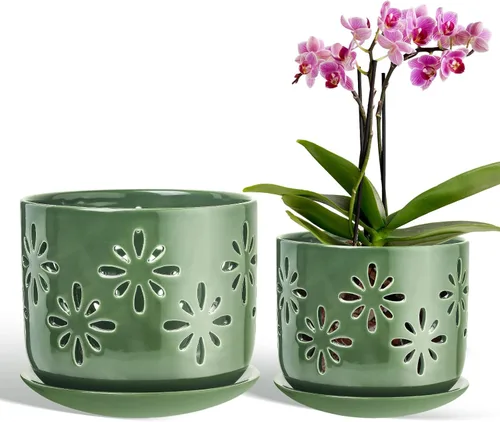 Vista 9 de Macetas para orquídeas LITUDISO, 5+6 pulgadas, blancas, de cerámica, aireadas, para interior/exterior, 7 pulgadas de ancho/altura, paquete de 2