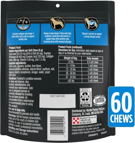 Vista 9 de Purina Pro Plan - Suplementos veterinarios para el cuidado de la piel para perros con aceite de pescado omega-3 y EPA y DHA (paquete de 1) bolsas