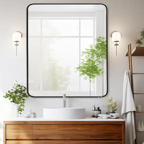 Vista 16 de Espejo rectangular de baño de 30 x 30 pulgadas con marco de metal negro, espejo rectangular de esquina redondeada para pared, moderno y grande