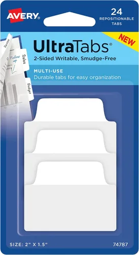 Avery Pestañas Ultra Multiuso, 2" x 1.5", 2 lados escribibles, blanco, 24 pestañas reposicionables (74787)
