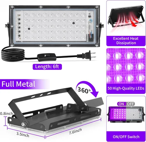 Vista 4 de Luces negras de 50 W con interruptor+enchufe, impermeable IP66, luz LED de inundación de luz negra para fiesta brillante, Halloween, dormitorio