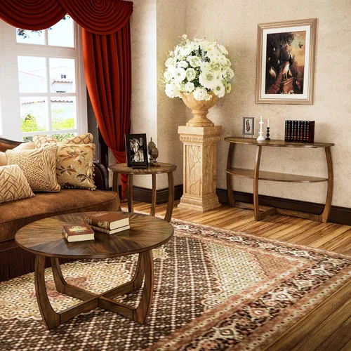 Vista 12 de PADMA HOUSE Mesa de centro redonda de madera con patas curvas, mesa de cóctel de granja para sala de estar, mesa central de madera de círculo