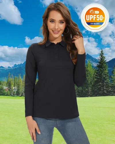 Vista 3 de TACVASEN Polo de manga larga para mujer, con protección solar UV, SPF para exteriores, manga larga, 3 botones, secado rápido, para golf