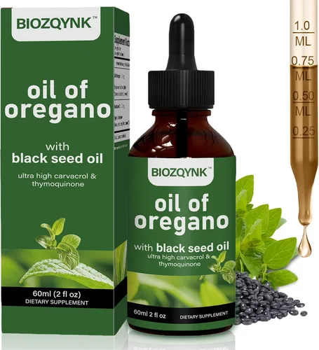 Aceite de orégano en gotas líquidas con aceite de semilla negra – Alto concentrado de carvacrol y timona para apoyo inmune, digestivo y respiratorio