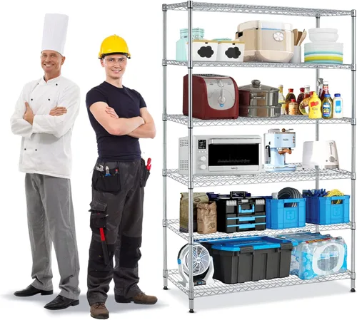 Vista 9 de Estantes de almacenamiento resistentes de 6 niveles, estantes ajustables NSF para garaje con ruedas y pies ajustables, estantes independientes