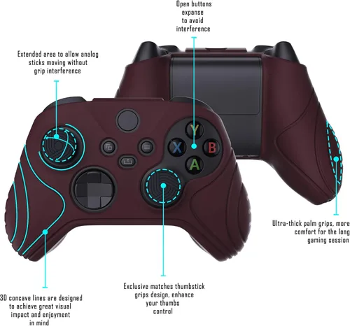 Vista 3 de eXtremeRate PlayVital Samurai Edition - Funda protectora ergonómica de goma suave para control de color rojo vino con tapas negras para el pulgar
