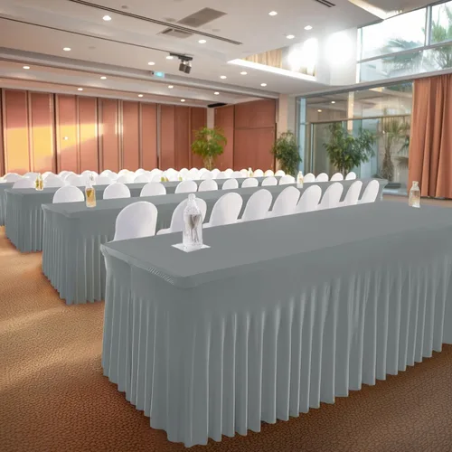 Vista 3 de PARTISKY Faldas de mesa grises para mesas rectangulares de 6 pies, manteles de elastano de 6 pies, manteles rectangulares de 6 pies, ropa de mesa