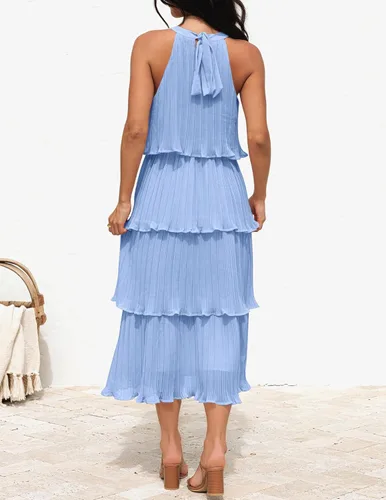 Vista 3 de ZESICA Vestido largo de gasa con volantes y cuello halter para mujer, para verano, 2024, con vuelo