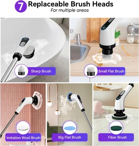 Vista 5 de Limpiador eléctrico giratorio inalámbrico, potente cepillo de limpieza de baño con mango largo, 2 velocidades, 3000 mAh recargable, 7 cabezales