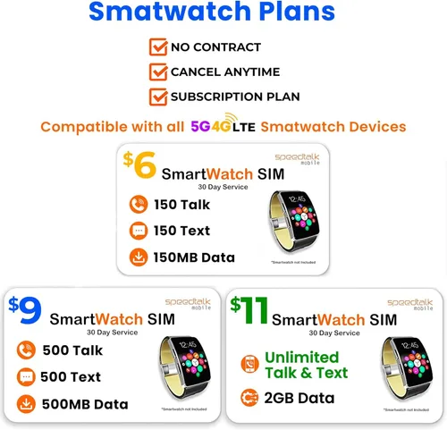 Vista 5 de SpeedTalk Mobile Tarjeta SIM de $6 para relojes inteligentes 150 minutos de conversación, 150 textos, datos de 150 MB Plan de 30 días