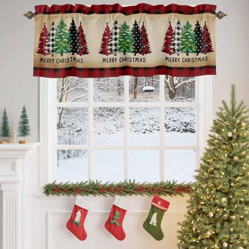 Vista 4 de Cortina de cenefas para cocina, cafetería, cenefa retro para ventana de árbol de Navidad, 1 panel, cortinas cortas de 42 x 12 pulgadas, bolsillo