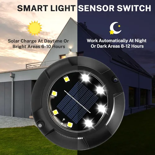Vista 3 de Luces solares de tierra, paquete de 8 luces LED de disco solar para exteriores, impermeables, iluminación de paisaje en el suelo para jardín