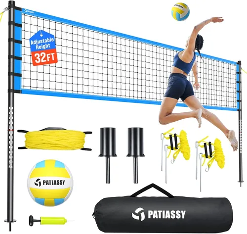 Vista 10 de Outdoor Volleyball Net Set for Backyard & Beach, 32FT Regulation Size, Easy Setup Adjustable Height Poles, Portable Net System with PU Volleyball