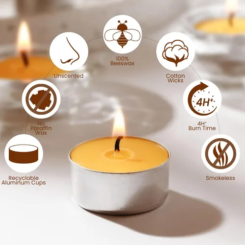Vista 3 de Paquete de 9 velas de cera de abeja pura en vasos de aluminio, 4-5 horas de tiempo de combustión, mecha de algodón sin plomo, velas naturales sin