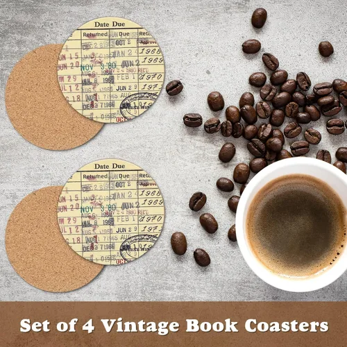 Vista 8 de Juego de posavasos para tarjetas de fecha de vencimiento de la biblioteca vintage, 4 posavasos para tarjetas de biblioteca con tarjeta de regalo