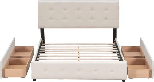 Vista 4 de P PURLOVE Cama de plataforma tapizada con 4 cajones, tamaño Queen, plataforma de almacenamiento con cabecero, no necesita somier, marco de cama beige