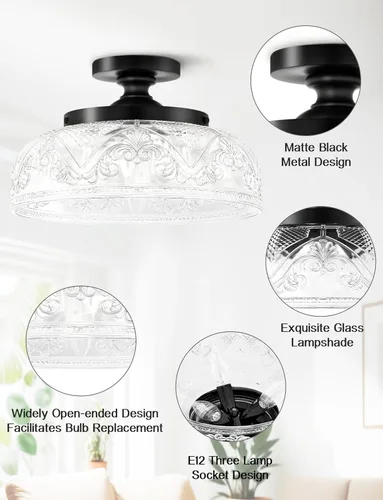 Vista 4 de Lámpara de Techo Semiempotrada, Luminaria de Techo Grande Negra de 12 Pulgadas, Luminaria de Cocina Industrial de 3 Luces con Globo de Cristal