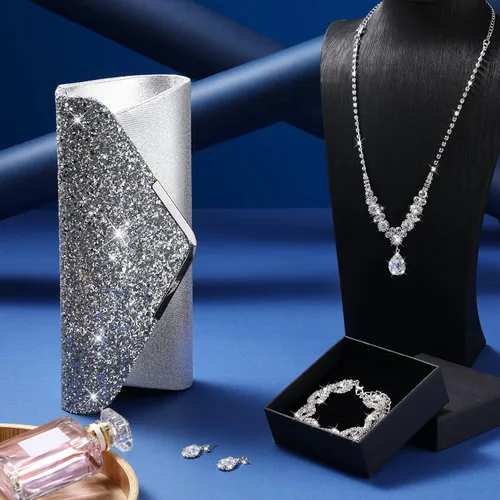 Vista 3 de Tiamon Juego de 4 joyas de diamantes de imitación para mujer, juego de joyas de boda, aretes de diamantes de imitación, collar, pulsera, bolsa