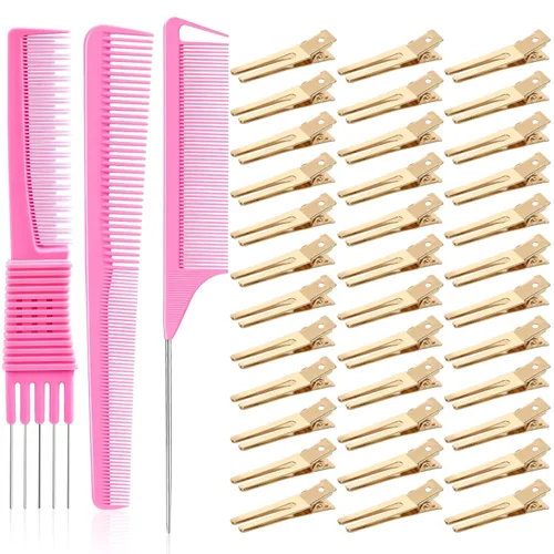 IKOCO - 50 pinzas para rizar, pinzas para el cabello de doble punta con 3 peines para ajustar rizos, peluquería o peluquería, dorado