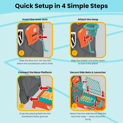 Vista 8 de Juego de baloncesto de mesa: mini arcada de escritorio compacta, juego de escritorio para interiores con puntuación electrónica, luces y sonido