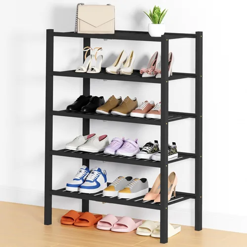 Vista 55 de Smiry Zapatero pequeño de bambú de 2 niveles, apilable, estante de almacenamiento de zapatos de madera para armario, entrada, entrada de puerta Negro