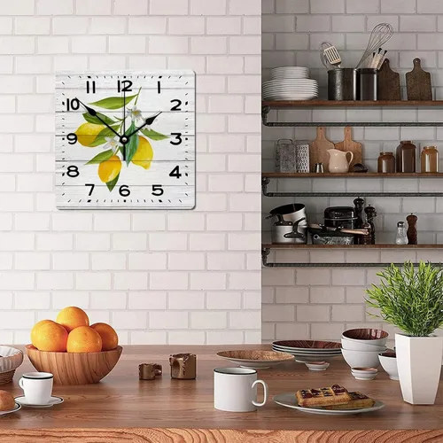 Vista 4 de Reloj de pared de madera con frutas y madera rústica, limón, 12 pulgadas, reloj de pared cuadrado vintage de madera, reloj de pared clásico preciso