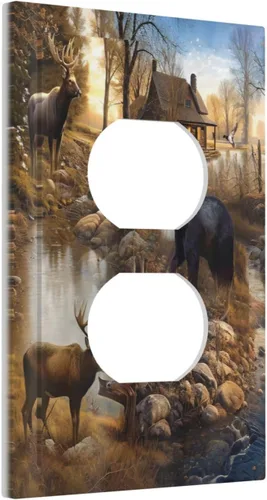 Vista 2 de Bear Moose Lodge Woodland - Placa de interruptor de luz dúplex individual de 1 banda, cubierta de salida decorativa de pared, placa frontal