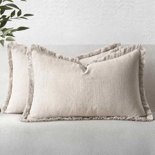 Vista 48 de MIULEE Juego de 2 fundas de almohada decorativas de lino neutro con flecos, fundas de cojín de estilo bohemio con borlas para sofá, cama, sala