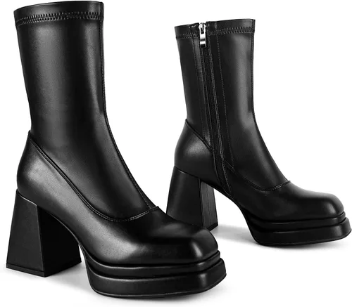 Vista 4 de WETKISS Botas de plataforma para mujer, con plataforma atrevida, tacón grueso, punta cuadrada y zíper lateral
