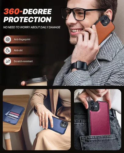 Vista 5 de OCASE Funda tipo cartera desmontable para iPhone 12 y iPhone 12 Pro con tarjetero [2 en 1] Funda de piel sintética con soporte de bloqueo RFID