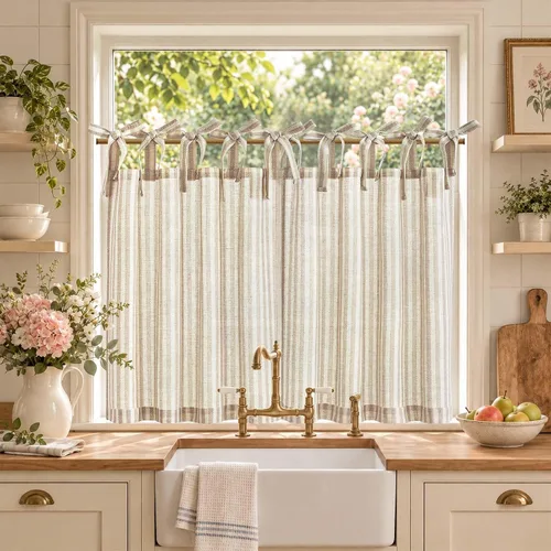 Vista 79 de Jinchan - Cortinas de lino a rayas para cocina, 24 pulgadas, beige, 2 D Beige
