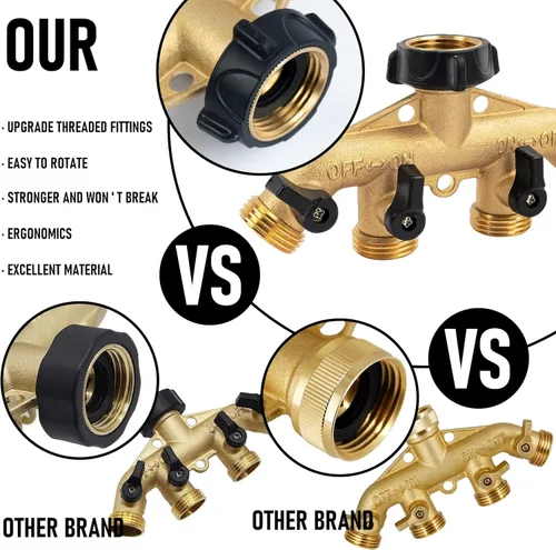 Vista 3 de Hourleey Divisor de manguera de jardín resistente de 4 vías de latón, divisor de manguera de agua para conector de manguera de 3/4 pulgadas