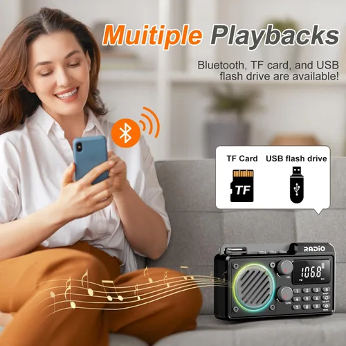 Vista 3 de Radio portátil AM FM 1500mAh recargable con la mejor recepción, radio de onda corta transistor, altavoz inalámbrico Bluetooth, con pantalla LCD