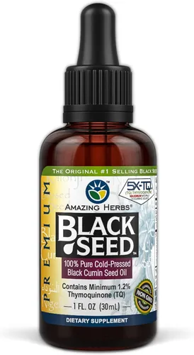 Amazing Herbs Aceite Premium de Semilla Negra - Sin Gluten, Sin OMG, Prensado en Frío Nigella Sativa Ayuda a la Salud Digestiva, Apoyo Inmunológico,