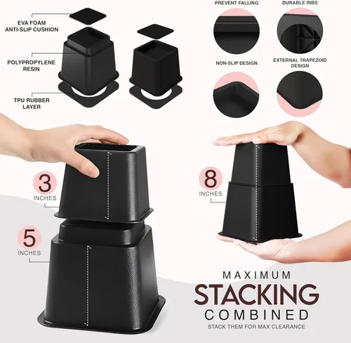 Vista 3 de Utopia Bedding - Elevadores de cama ajustables de 3, 5, 8 pulgadas - Juego de 4 elevadores de muebles resistentes para camas, sofá y escritorio