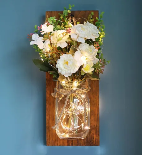 Vista 8 de Decoración rústica para el hogar, apliques de pared con tarro de masón, luces LED y flores con temporizador, decoración de madera hecha a mano