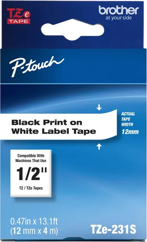 Brother Cinta de etiquetas económica P-Touch TZe-231S genuina, cinta laminada estándar P-Touch, negro sobre blanco, perfecta para uso en interiores