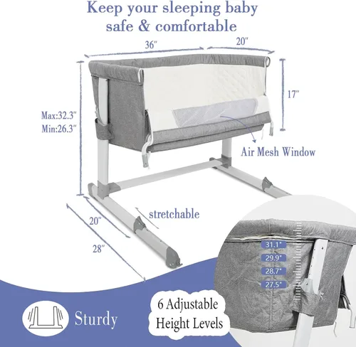 Vista 5 de Moisés de bebé 3 en 1, cuna de noche con 6 alturas ajustables, colchón suave y ruedas, moisés portátil fácil de montar, cunas para bebé recién