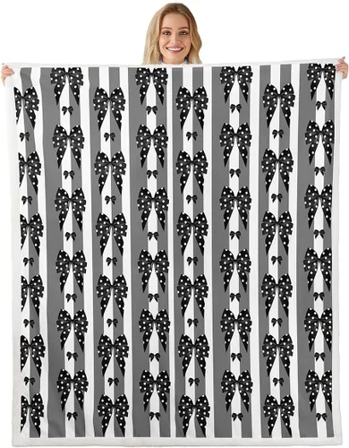 Erosebridal Bowknot Fleece Blanket 40x50 | Polka Dots Bows Fuzzy Plush Throw for Sofa Couch Black and Gray Striped Sherpa Blanket Geometric Bow Tie