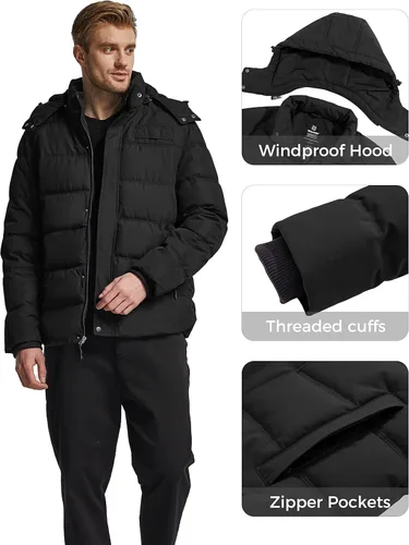 Vista 6 de Wantdo Abrigo de invierno con capucha para hombre, chaqueta acolchada cálida, abrigo de algodón grueso con capucha extraíble