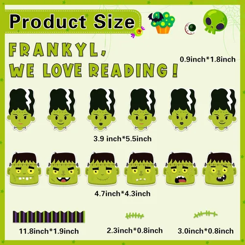 Vista 3 de Haooryx Juego de 118 tableros de anuncios de Halloween con texto en inglés «Frankly We Love Reading» de monstruo verde, decoración de aula, recortes