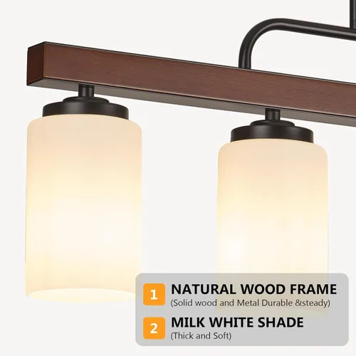 Vista 2 de Lámpara de comedor de granja sobre mesa, iluminación de isla de cocina de madera negra de 4 luces con vidrio blanco leche, lámparas colgantes