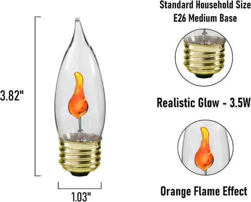 Creative Hobbies® Bombilla de Luz con Llama Parpadeante 10J - Forma de llama, base estándar E26, brillo naranja parpadeante - Caja de 5 bombillas