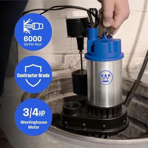 Vista 2 de Westinghouse Bomba sumergible de sumidero de hierro fundido y acero inoxidable de 3/4 HP con interruptor de flotador vertical integrado, 6,000