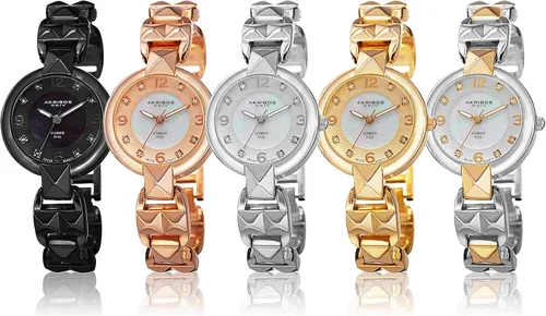 Vista 5 de Akribos XXIV AK755 - Reloj de cuarzo suizo para mujer, esfera de perla con pulsera de corte pirámide